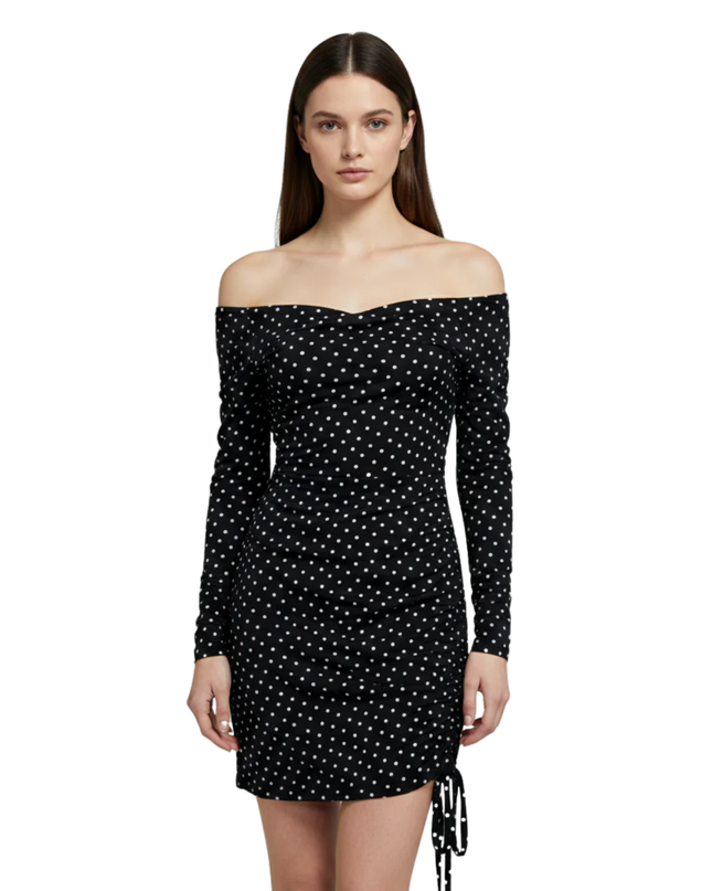 PrettyLittleThing Black Polka Dot Ruched Front Dress W/Tags