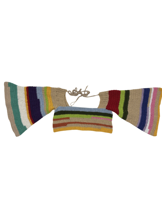 Boho Carnival Multicolor Crochet Bell Sleeve Tie-Up Crop Top - XS