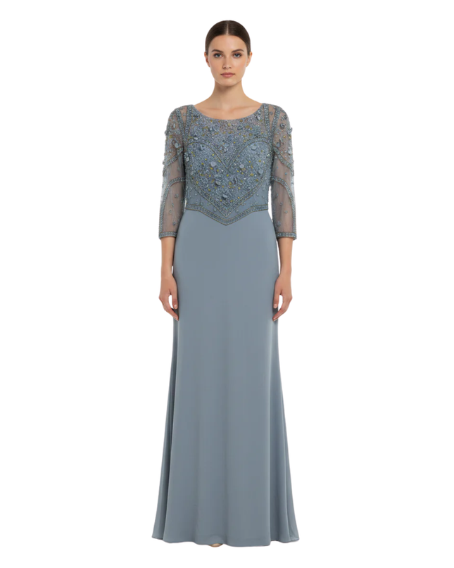 Terani Couture Blue Embellished Lace Evening Gown