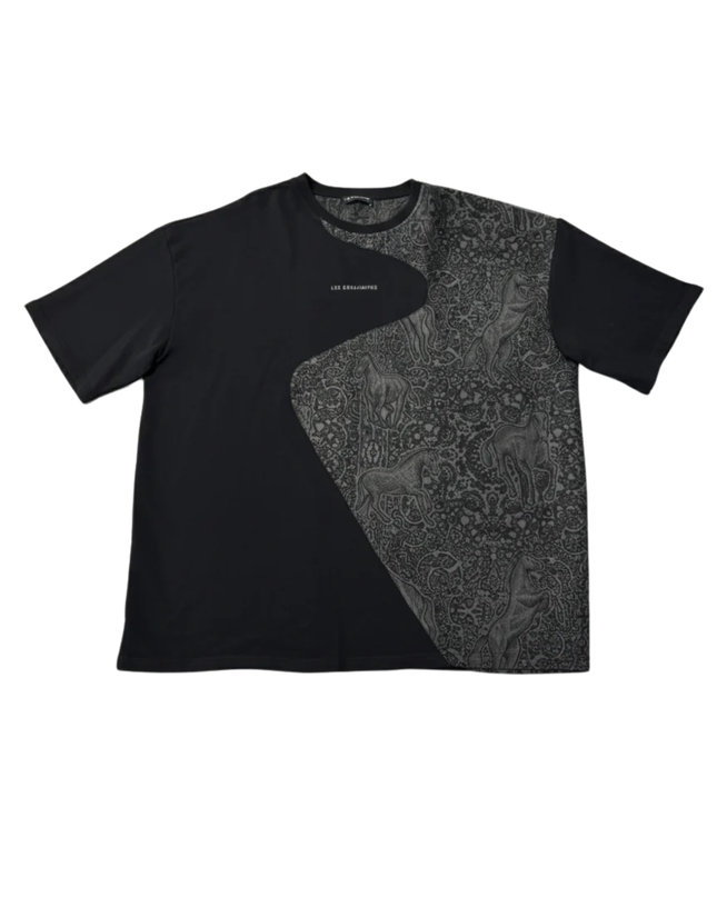 LES BENJAMINS Black Horse Print Asymmetric Panel T-Shirt