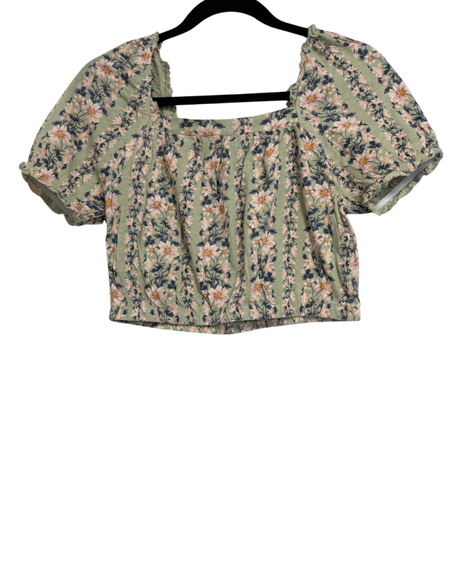 American Eagle Green Floral Square Neck Puff Sleeve Crop Top
