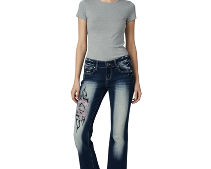 Crazy Age Blue Y2K Tribal Dragon Rhinestone Flare Jeans