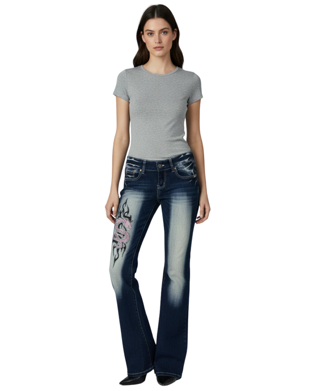 Crazy Age Blue Y2K Tribal Dragon Rhinestone Flare Jeans