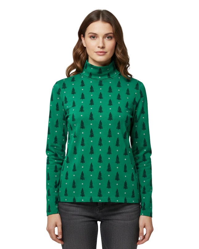Karen Scott Green Christmas Tree Mock Neck Long Sleeve Top