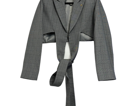 Royaled Grey Cropped Tie-Front Plaid Blazer