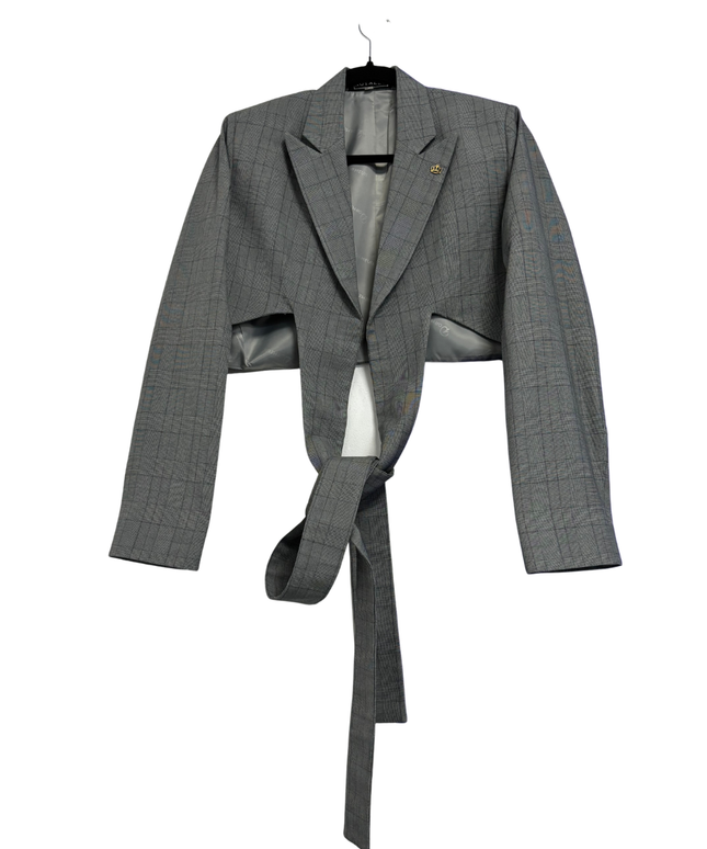 Royaled Grey Cropped Tie-Front Plaid Blazer