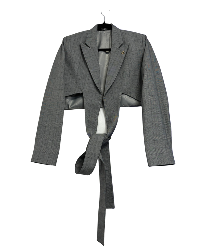 Royaled Grey Cropped Tie-Front Plaid Blazer