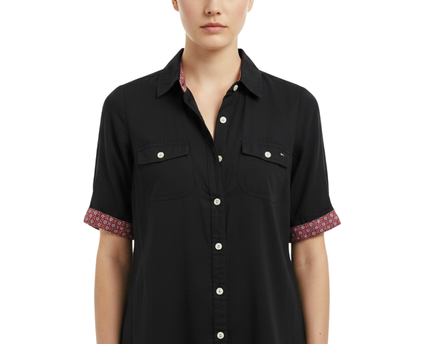 Tommy Hilfiger Black Short Sleeve Button-Down Shirt with Floral Trim