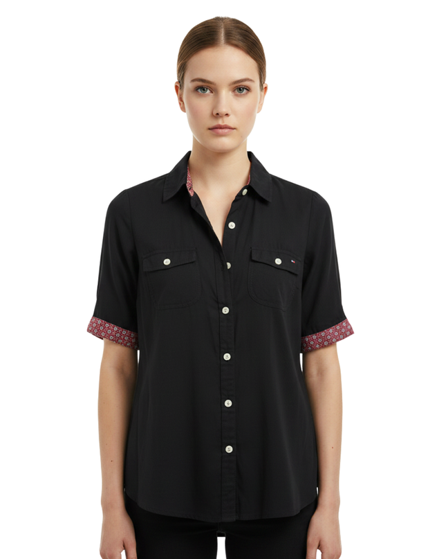 Tommy Hilfiger Black Short Sleeve Button-Down Shirt with Floral Trim