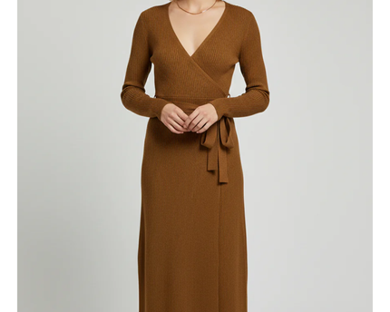 MNG Brown Ribbed Knit Wrap Midi Dress
