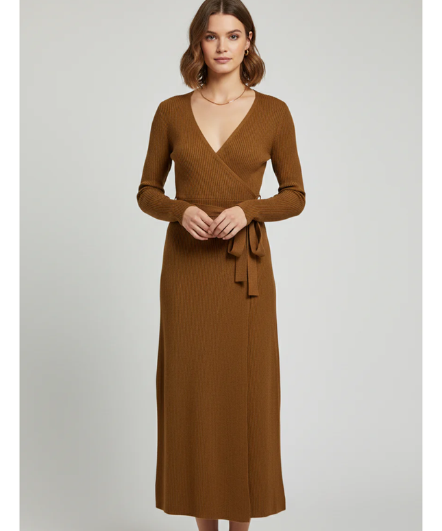 MNG Brown Ribbed Knit Wrap Midi Dress