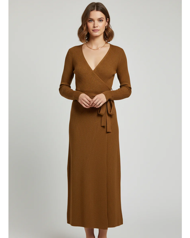 MNG Brown Ribbed Knit Wrap Midi Dress