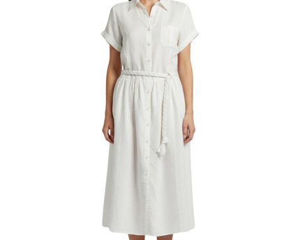 Sacoor Brothers White Ramie Button-Down Midi Shirt Dress