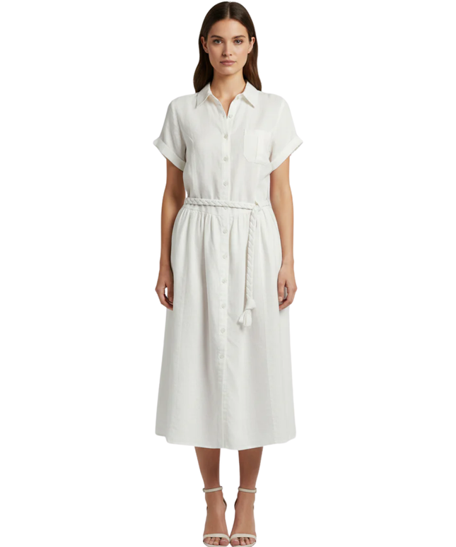 Sacoor Brothers White Ramie Button-Down Midi Shirt Dress