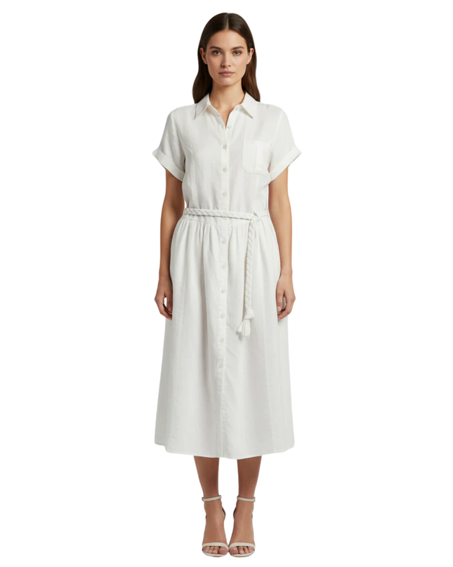 Sacoor Brothers White Ramie Button-Down Midi Shirt Dress