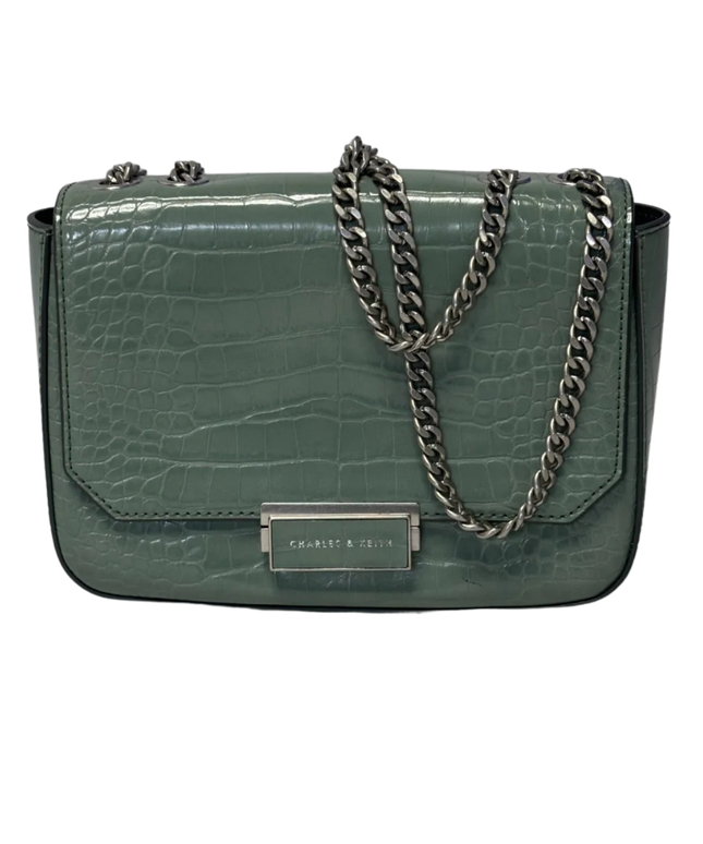 Charles & Keith Sage Green Croc-Effect Chain Strap Bag W/TAG