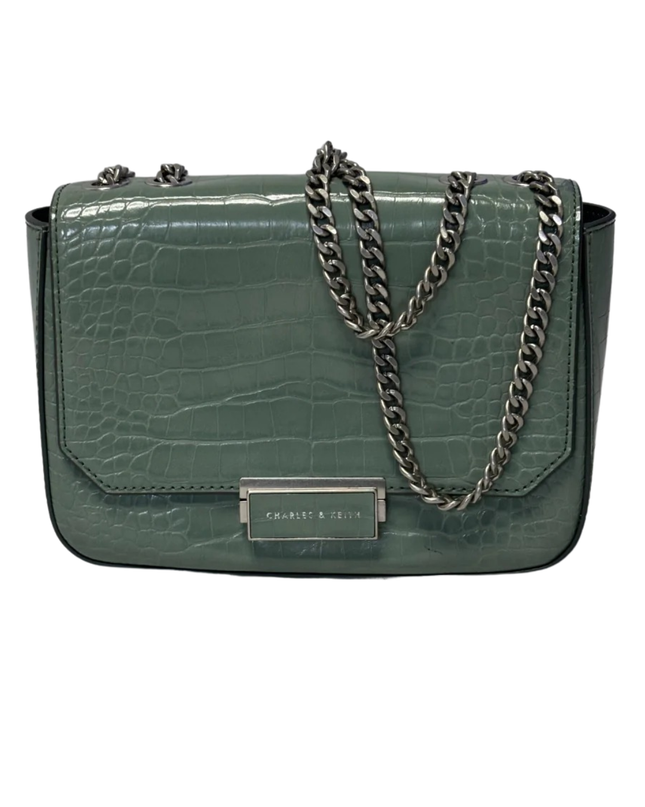 Charles & Keith Sage Green Croc-Effect Chain Strap Bag W/TAG