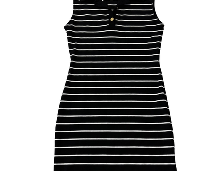 LCW Black & White Striped Sleeveless Polo Dress