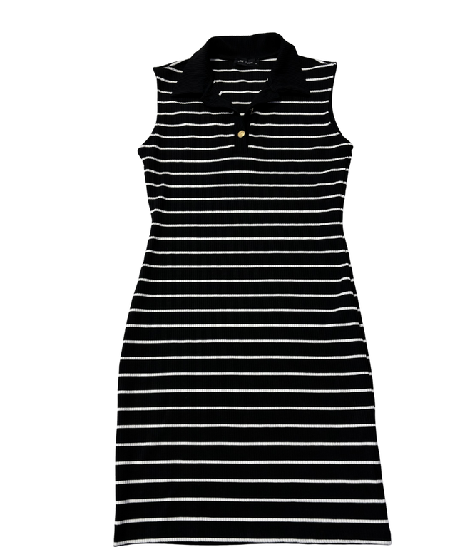 LCW Black & White Striped Sleeveless Polo Dress