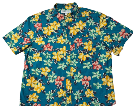 Old Navy Teal Floral Slim Fit Built-In Flex Short Sleeve Shirt