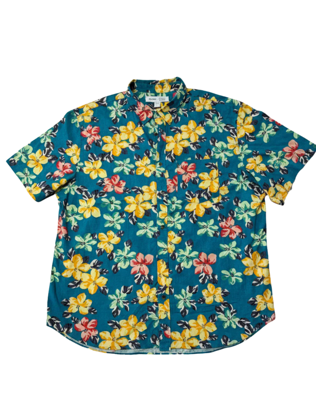 Old Navy Teal Floral Slim Fit Built-In Flex Short Sleeve Shirt