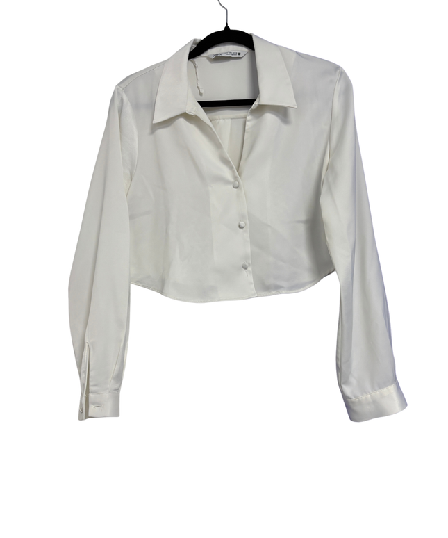 Zara White Long Sleeve Button-Up Crop Top