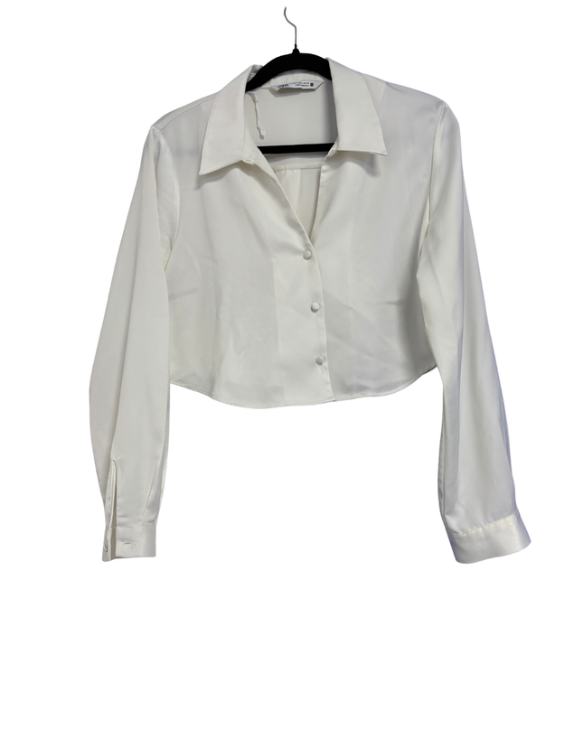 Zara White Long Sleeve Button-Up Crop Top