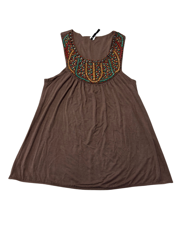 Fifth Avenue Brown Beaded Neckline Boho Sleeveless Top