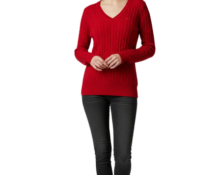Sacoor Brothers Red Cable Knit Wool & Cashmere V-Neck Sweater