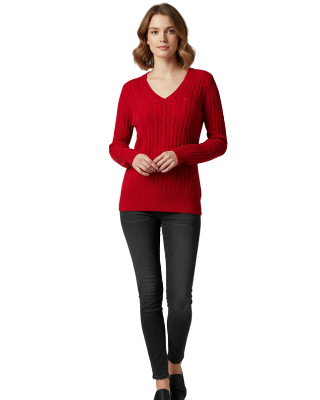 Sacoor Brothers Red Cable Knit Wool & Cashmere V-Neck Sweater