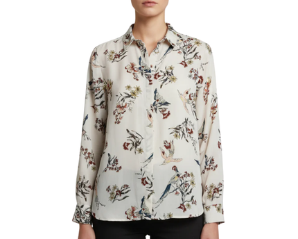 H&M Off-White Bird and Floral Print Long Sleeve Blouse