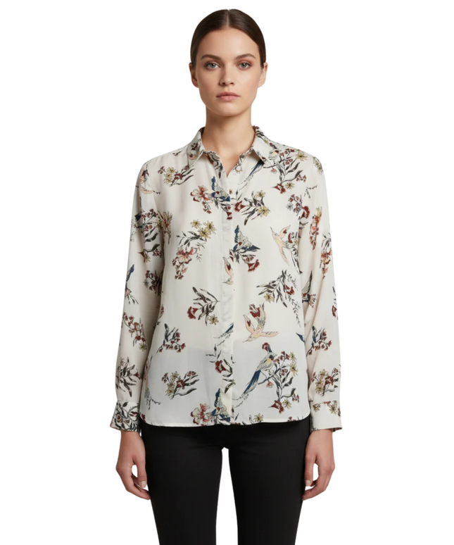 H&M Off-White Bird and Floral Print Long Sleeve Blouse