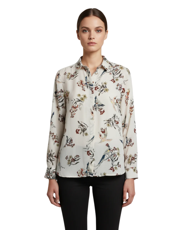 H&M Off-White Bird and Floral Print Long Sleeve Blouse
