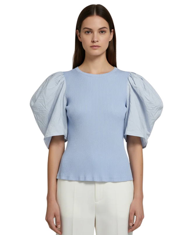 RESERVED Light Blue Ribbed Puff Sleeve Blouse W/Tags