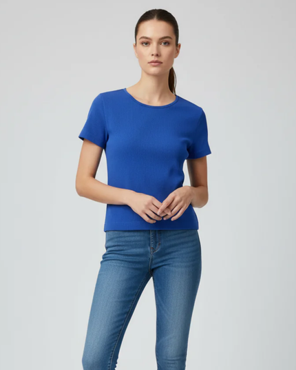 H&M Blue Ribbed Short Sleeve T-Shirt