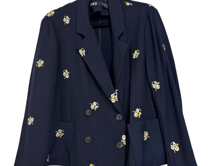 Zara Navy Blue Floral Embroidered Double-Breasted Blazer