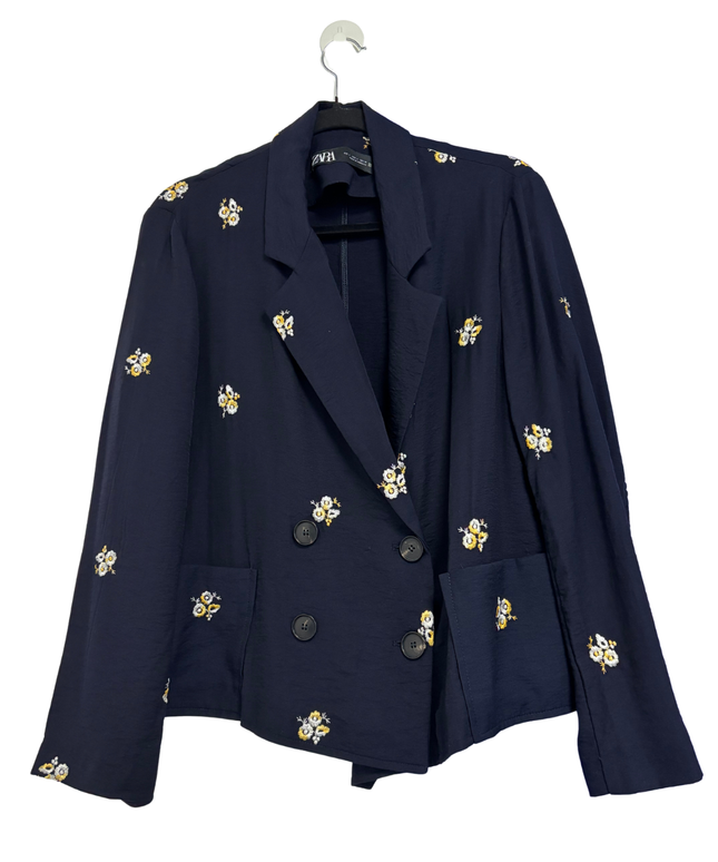 Zara Navy Blue Floral Embroidered Double-Breasted Blazer