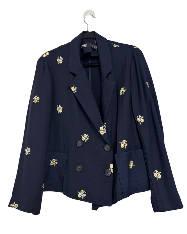 Zara Navy Blue Floral Embroidered Double-Breasted Blazer