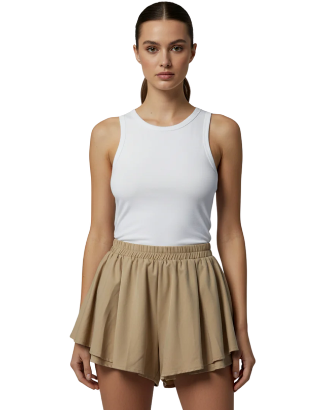PrettyLittleThing Beige Flared High-Waist Shorts
