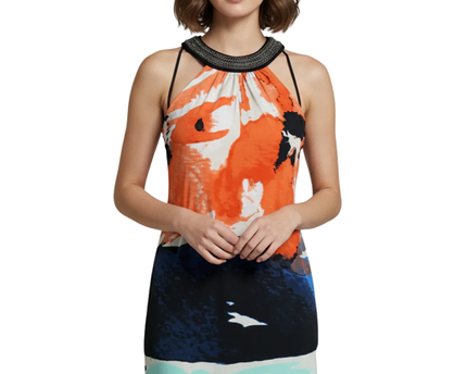 Alfani Multicolor Abstract Print Embellished Halter Neck Dress