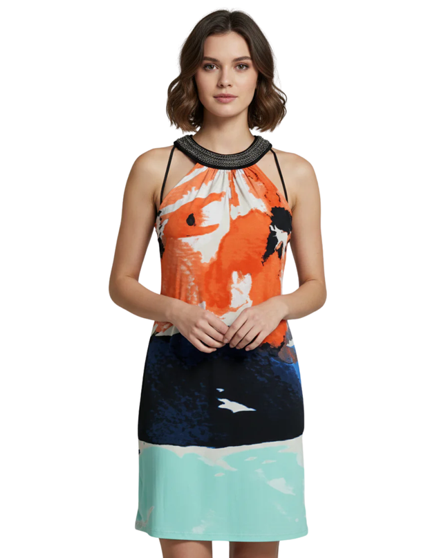 Alfani Multicolor Abstract Print Embellished Halter Neck Dress