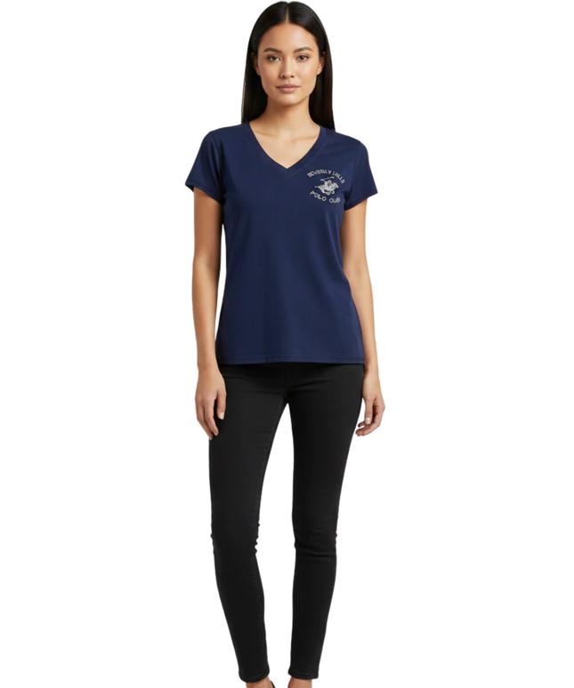 Beverly Hills Polo Club Navy Blue Embellished V-Neck T-Shirt