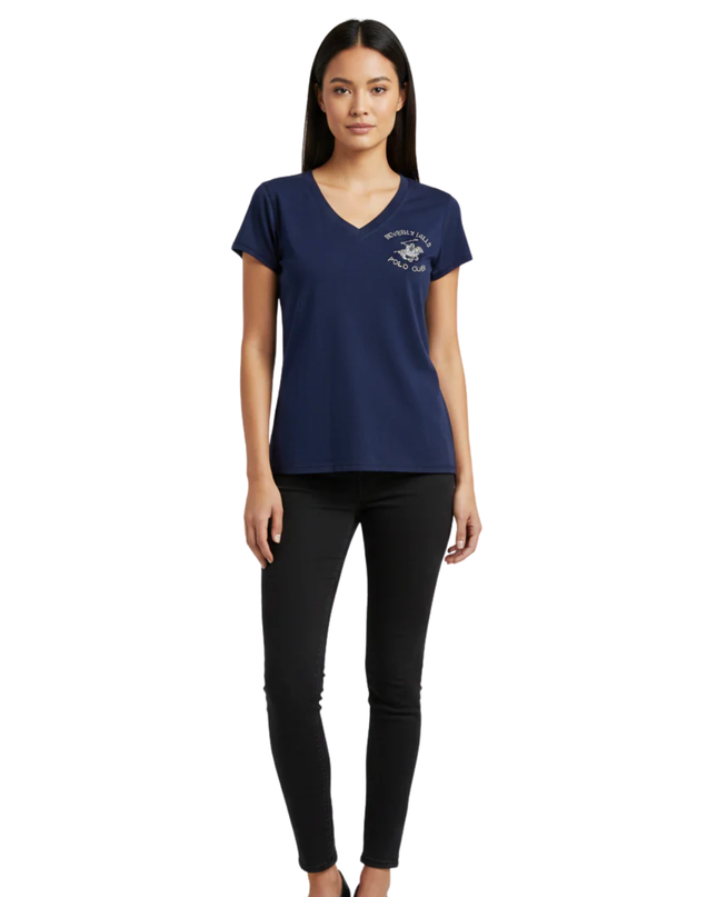 Beverly Hills Polo Club Navy Blue Embellished V-Neck T-Shirt