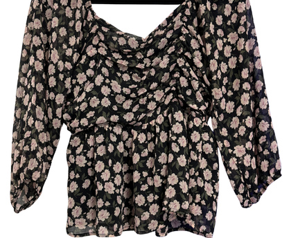 American Eagle Black Floral Ruched Peplum Blouse