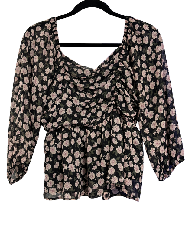 American Eagle Black Floral Ruched Peplum Blouse