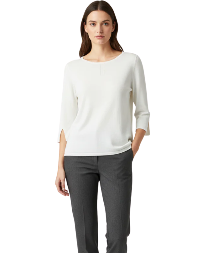 G2000 White 3/4 Sleeve Knit with Slit Cuffs Top