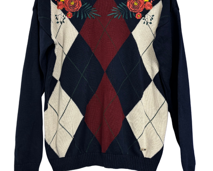 U.S. Polo Assn. Navy Blue Argyle Floral Embroidered Sweater