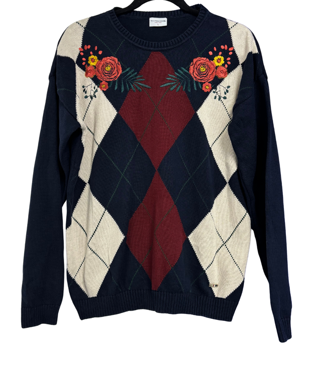 U.S. Polo Assn. Navy Blue Argyle Floral Embroidered Sweater