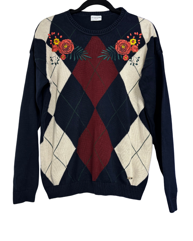 U.S. Polo Assn. Navy Blue Argyle Floral Embroidered Sweater