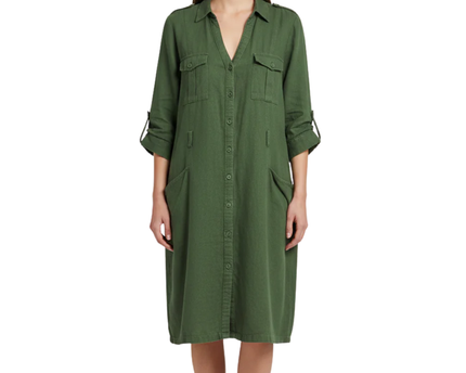 Mango Green Linen Blend Utility Shirt Dress